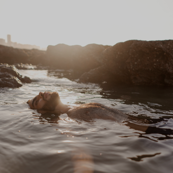 A rocky Atlantic cove at sunset
