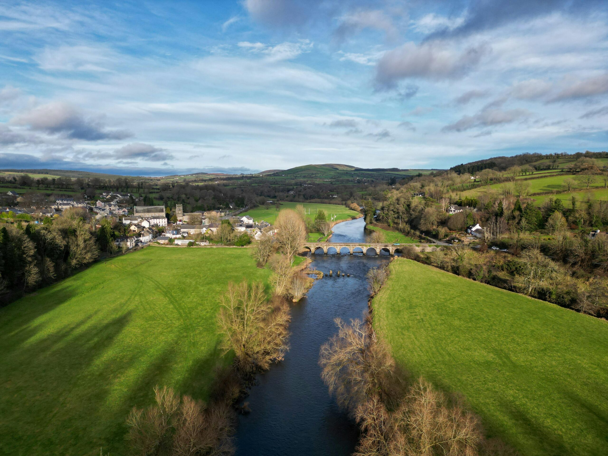 Aerial view of the Irish countryside and a river